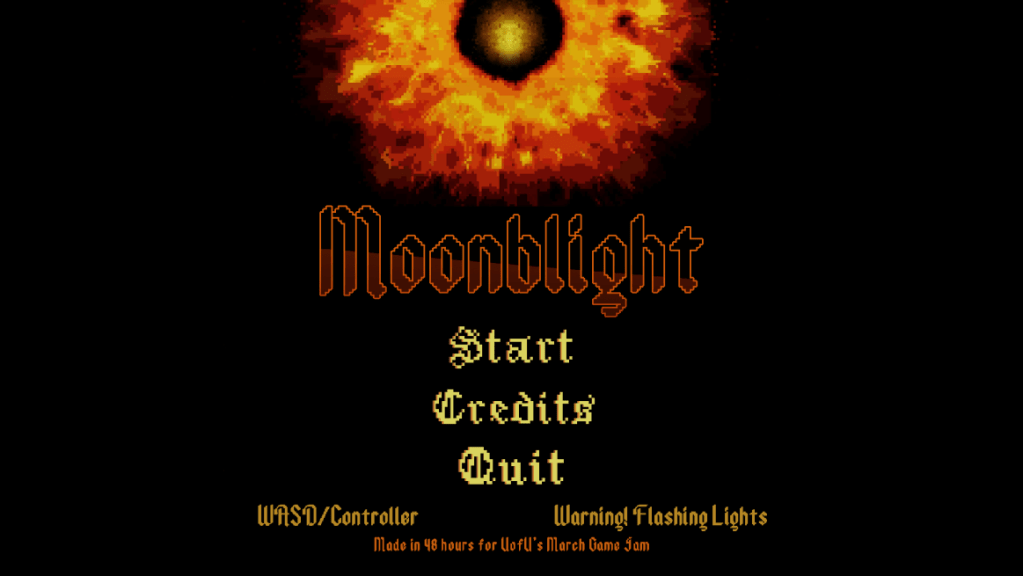 Title screen for the game 'Moonblight', featuring fiery visuals, with options to 'Start', 'Credits', and 'Quit', along with a warning for flashing lights.
