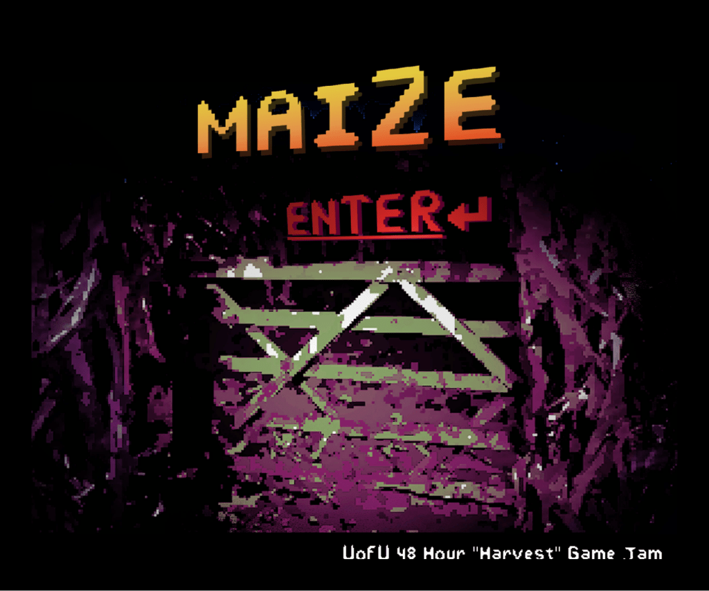 Game title screen for 'MAIZE' featuring pixel art graphics with the word 'ENTER' highlighted in red and a stylized maze background.